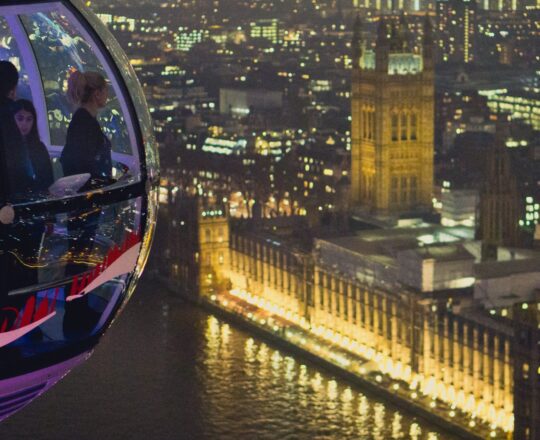 People inside a London Eye pod looking at Houses of Parliament