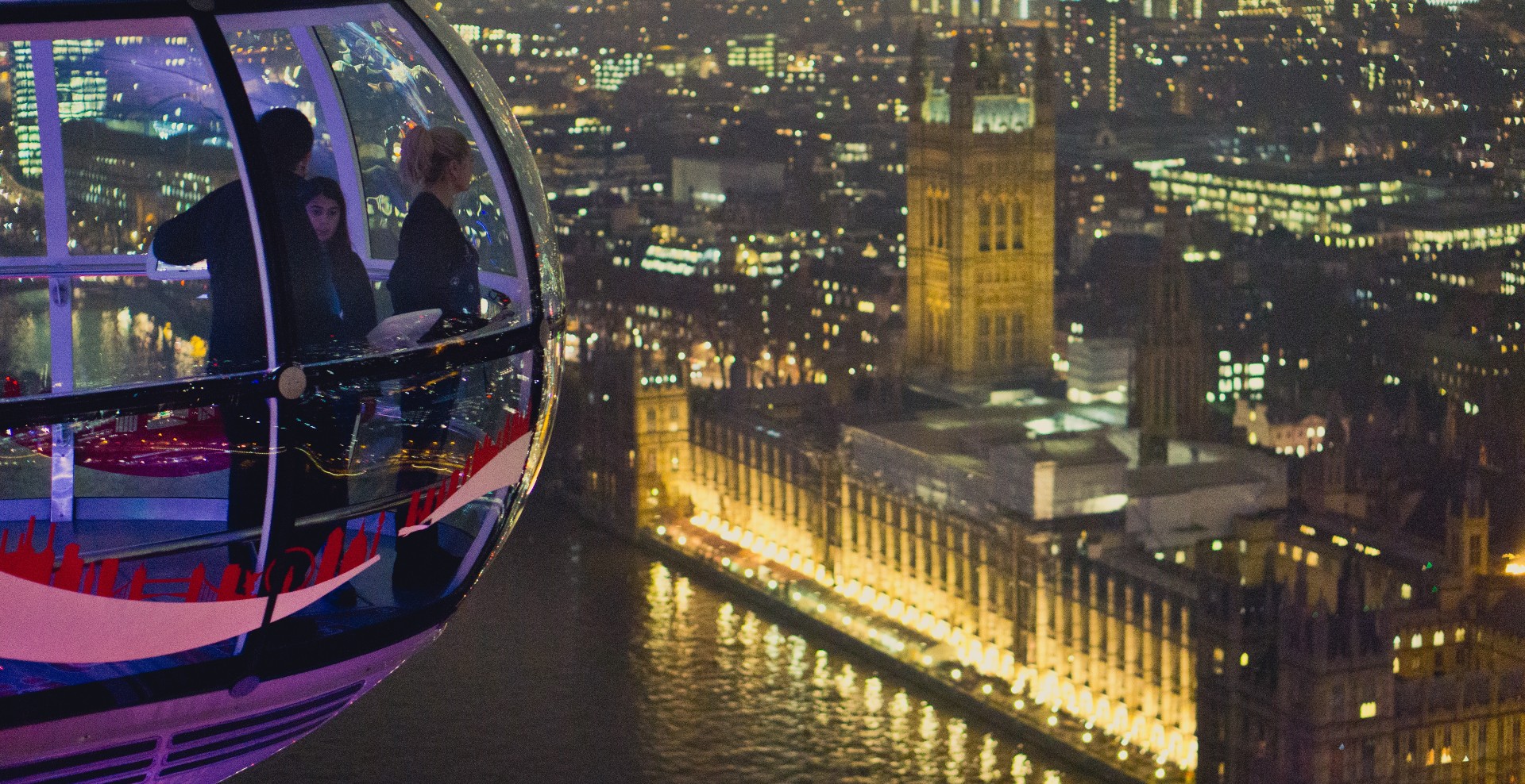 People inside London Eye bubble looking at houses of parliament