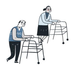 An illustration of two elderly people walking with Zimmer frames 
