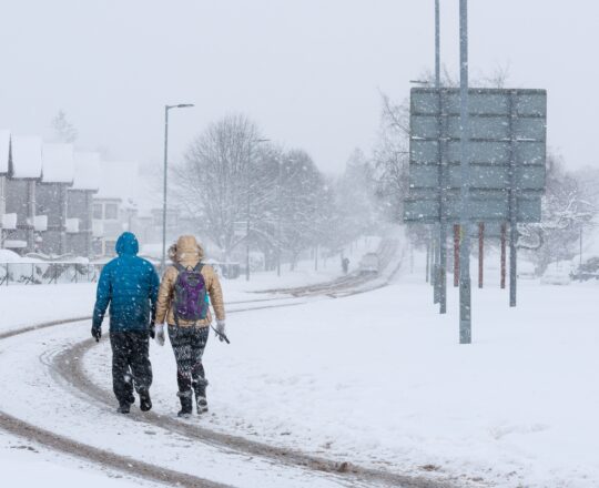 Two people with their backs to the cameras walking in a snowy street.