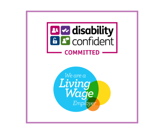 Disability Confident Committed and Living Wage Employer accreditation logos